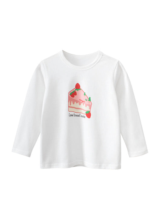 Autumn Arrival Kids Girls Cartoon and Letters Print Crew Neck Long Sleeves Shirt